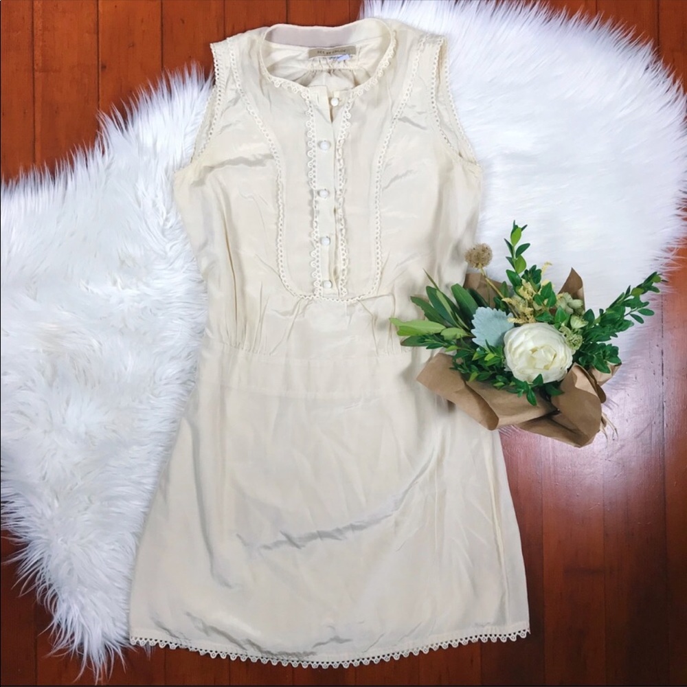 See By Chloé Creme Lace Mesh Silk Shift Dress